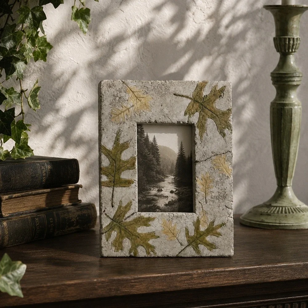 Pressed Leaf Stone Picture Frame 3x5 Tabletop Hanging Whimsygoth Decor 90s